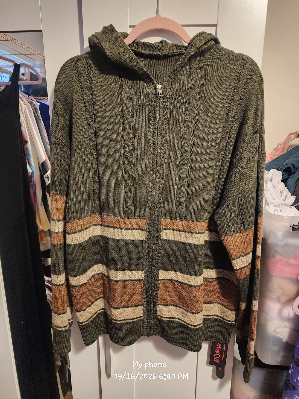 ROMWE Olive Hooded Zip Teddy Jacket with Tan and Cream Stripes